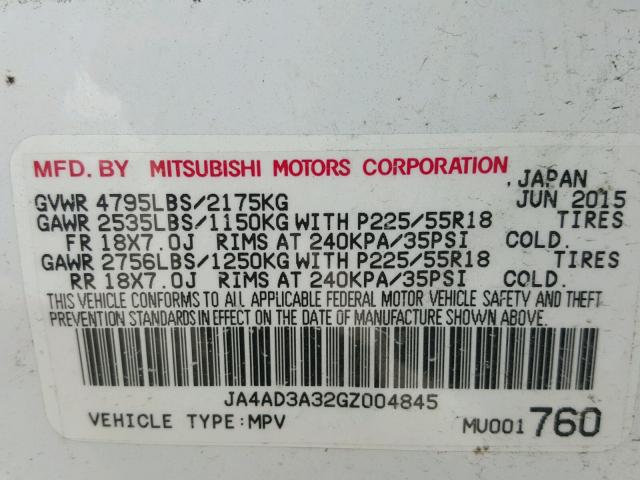 JA4AD3A32GZ004845 - 2016 MITSUBISHI OUTLANDER WHITE photo 10