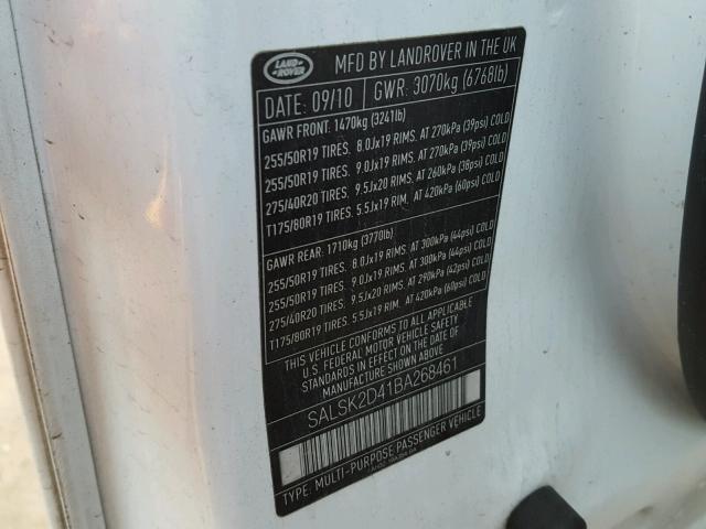 SALSK2D41BA268461 - 2011 LAND ROVER RANGE ROVE WHITE photo 10