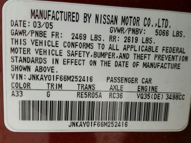 JNKAY01F66M252416 - 2006 INFINITI M35 BASE MAROON photo 10