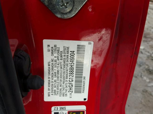 2HGFG12888H546004 - 2008 HONDA CIVIC EX 红色 照片 10