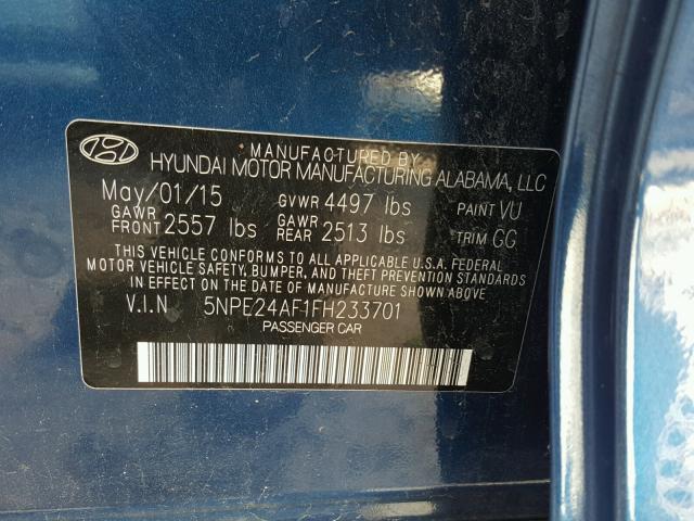 5NPE24AF1FH233701 - 2015 HYUNDAI SONATA SE BLUE photo 10