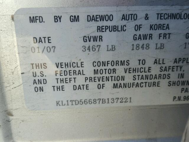 KL1TD56687B137221 - 2007 CHEVROLET AVEO BASE Күміс фото 10