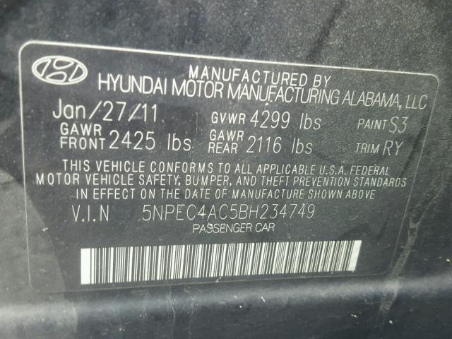 5NPEC4AC5BH234749 - 2011 HYUNDAI SONATA SE BLACK photo 10