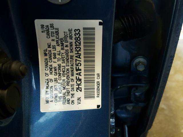 2HGFA1F57AH312833 - 2010 HONDA CIVIC LX BLUE photo 10