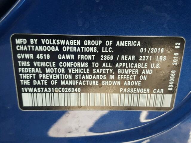 1VWAS7A31GC026340 - 2016 VOLKSWAGEN PASSAT S Կապույտ լուսանկար 10