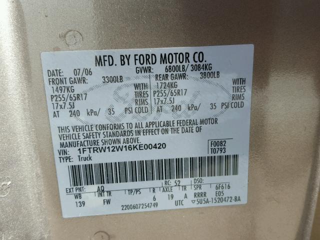 1FTRW12W16KE00420 - 2006 FORD F150 SUPER TAN photo 10