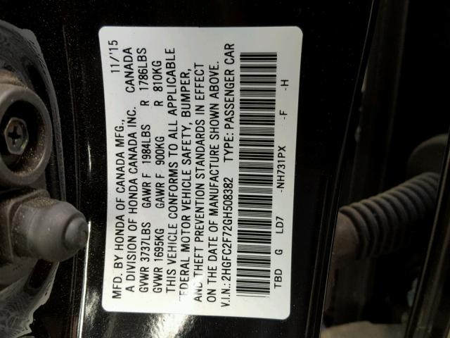 2HGFC2F72GH508382 - 2016 HONDA CIVIC EX შავი ფოტო 10