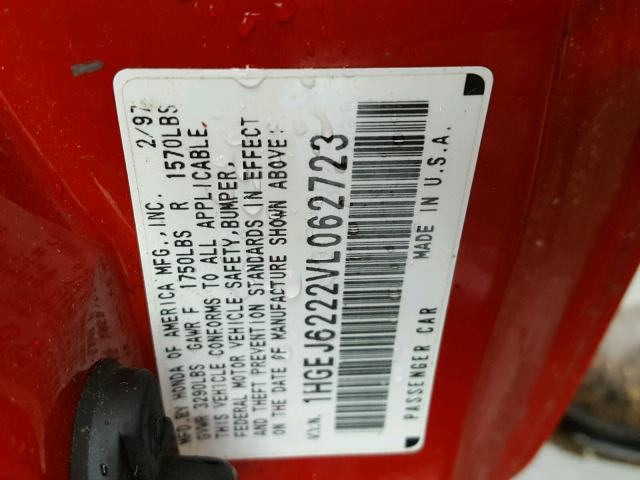 1HGEJ6222VL062723 - 1997 HONDA CIVIC DX RED photo 10