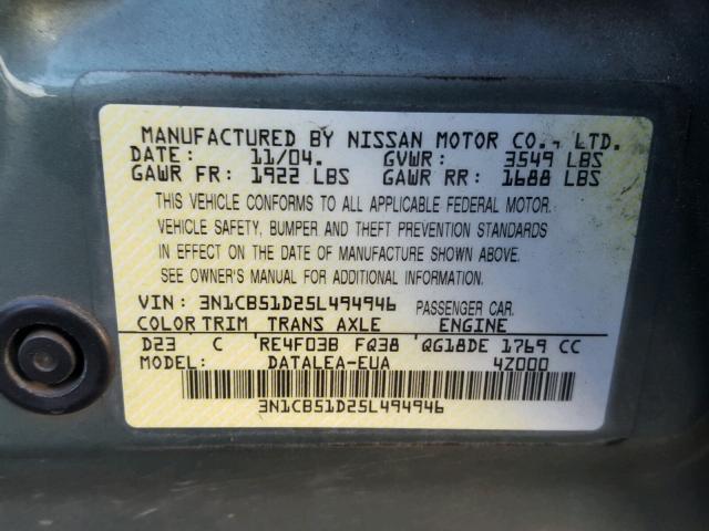 3N1CB51D25L494946 - 2005 NISSAN SENTRA 1.8 GREEN photo 10