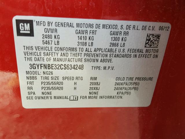 3GYFNBE32CS634248 - 2012 CADILLAC SRX PERFOR 红色 照片 10