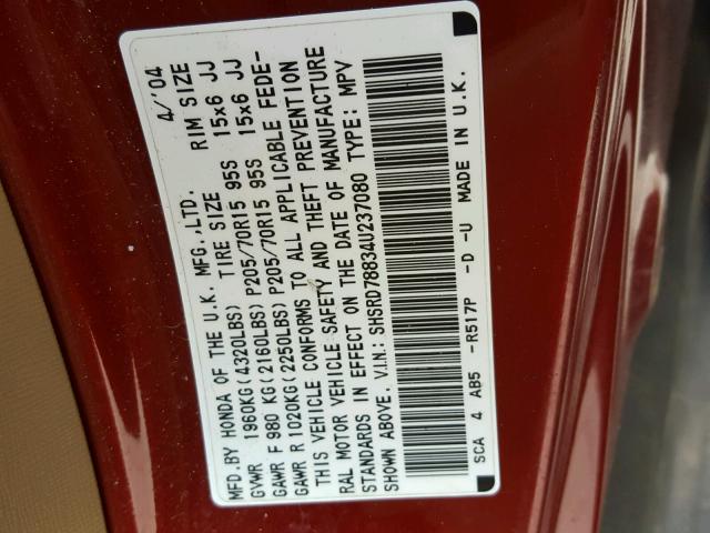 SHSRD78834U237080 - 2004 HONDA CR-V EX მუქწითელი ფოტო 10