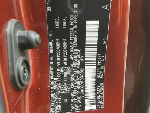 5TDYK3DC9FS663382 - 2015 TOYOTA SIENNA RED photo 10