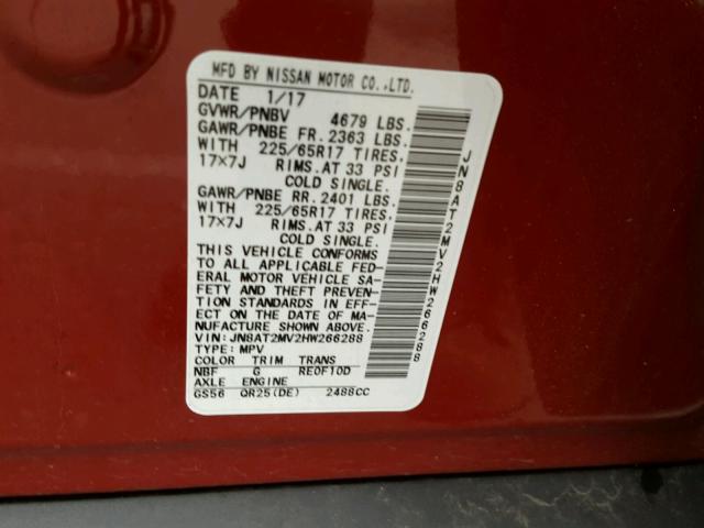 JN8AT2MV2HW266288 - 2017 NISSAN ROGUE S RED photo 10