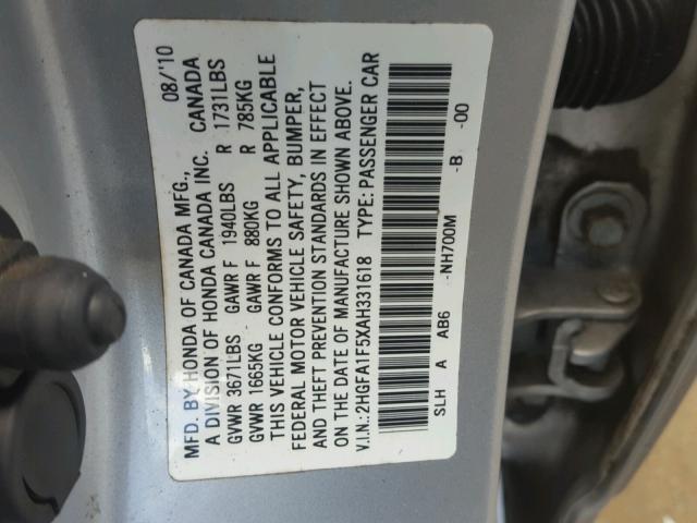 2HGFA1F5XAH331618 - 2010 HONDA CIVIC LX SILVER photo 10