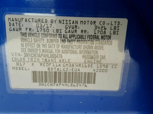 3N1CN7AP4HL865476 - 2017 NISSAN VERSA S BLUE photo 10