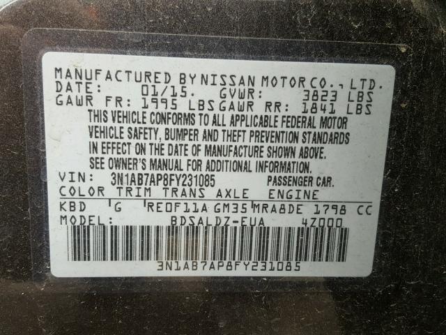 3N1AB7AP8FY231085 - 2015 NISSAN SENTRA S GRAY photo 10