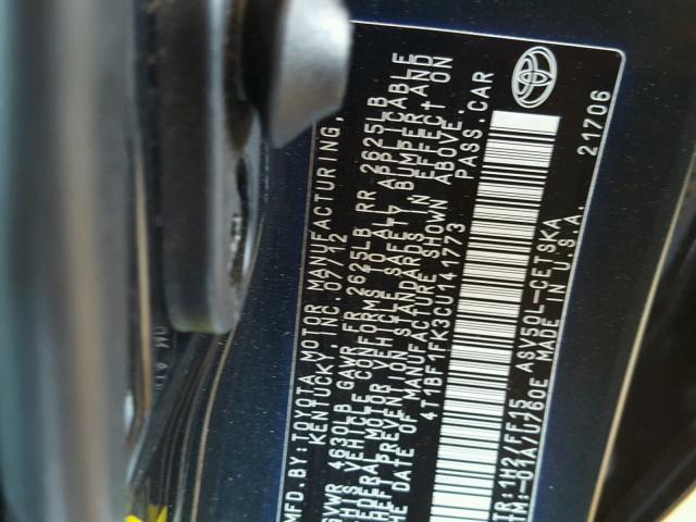 4T1BF1FK3CU141773 - 2012 TOYOTA CAMRY BASE BLACK photo 10