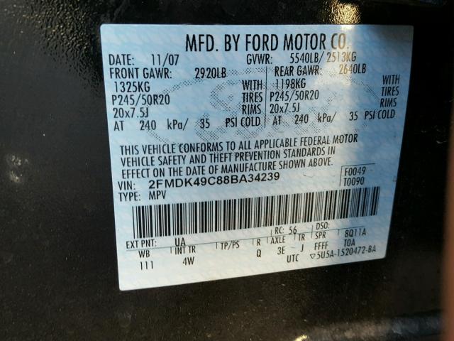 2FMDK49C88BA34239 - 2008 FORD EDGE LIMIT BLACK photo 10