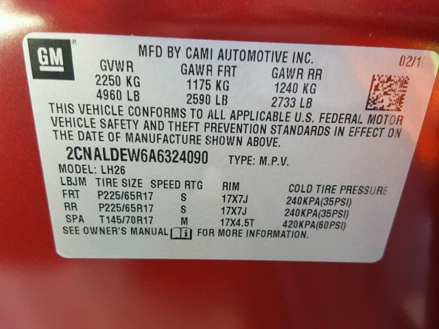 2CNALDEW6A6324090 - 2010 CHEVROLET EQUINOX LT RED photo 10