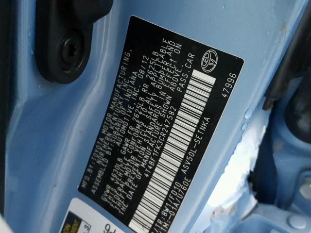 4T4BF1FK3CR247582 - 2012 TOYOTA CAMRY BASE BLUE photo 10