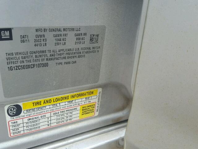 1G1ZC5E0XCF107300 - 2012 CHEVROLET MALIBU 1LT SILVER photo 10