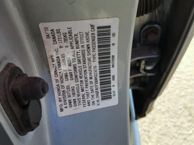 2HGFA1F5XAH323616 - 2010 HONDA CIVIC LX SILVER photo 10