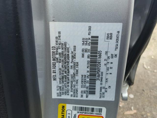 3FA6P0K92DR116605 - 2013 FORD FUSION TIT SILVER photo 10