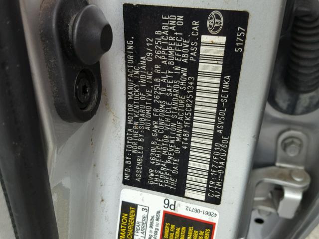 4T4BF1FK5CR251343 - 2012 TOYOTA CAMRY BASE SILVER photo 10