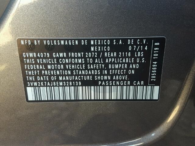 3VW2K7AJ8EM328139 - 2014 VOLKSWAGEN JETTA BASE GRAY photo 10