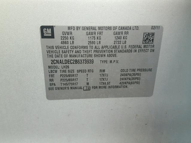 2CNALDEC2B6373939 - 2011 CHEVROLET EQUINOX LT SILVER photo 10