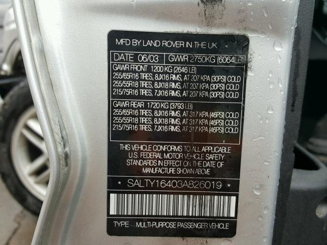 SALTY16403A826019 - 2003 LAND ROVER DISCOVERY SILVER photo 10