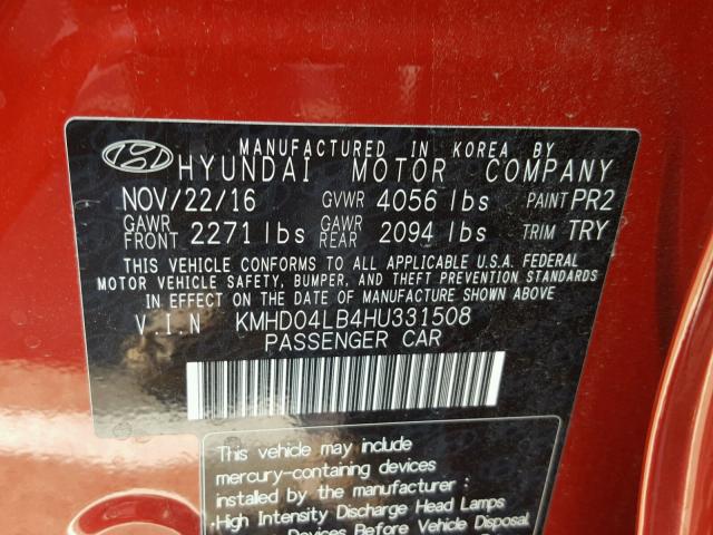 KMHD04LB4HU331508 - 2017 HYUNDAI ELANTRA SP RED photo 10