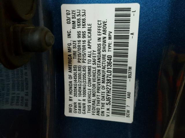 5J6YH27387L013640 - 2007 HONDA ELEMENT LX BLUE photo 10