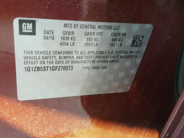 1G1ZB5ST1GF278573 - 2016 CHEVROLET MALIBU LS RED photo 10