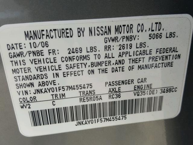 JNKAY01F57M455475 - 2007 INFINITI M35 BASE GRAY photo 10