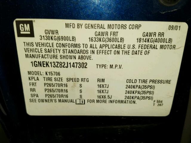 1GNEK13Z82J147302 - 2002 CHEVROLET TAHOE BLUE photo 10