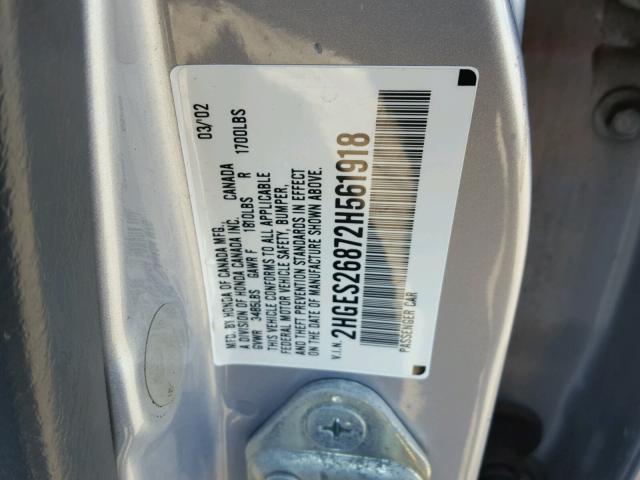 2HGES26872H561918 - 2002 HONDA CIVIC EX SILVER photo 10