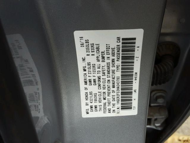 1HGCR2F53HA043790 - 2017 HONDA ACCORD SPO SILVER photo 10