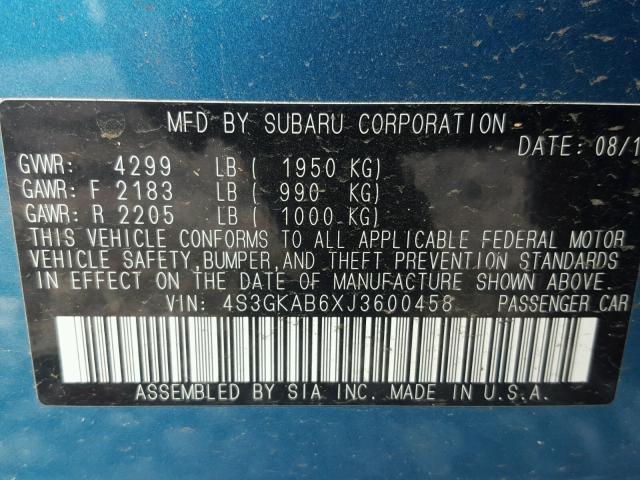 4S3GKAB6XJ3600458 - 2018 SUBARU IMPREZA PR BLUE photo 10