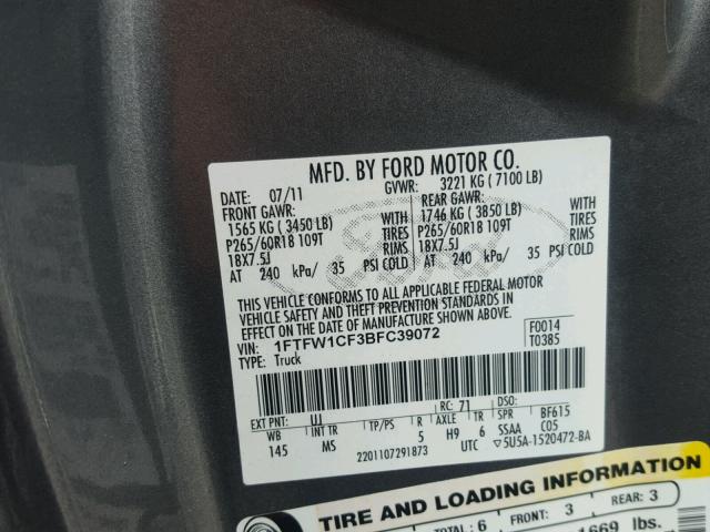 1FTFW1CF3BFC39072 - 2011 FORD F150 SUPER GRAY photo 10