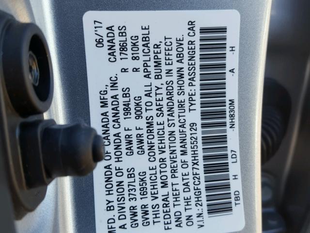 2HGFC2F7XHH552129 - 2017 HONDA CIVIC EX Gümüş foto 10