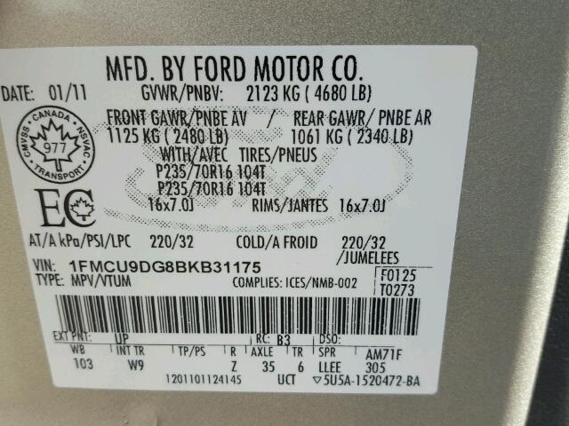 1FMCU9DG8BKB31175 - 2011 FORD ESCAPE XLT BEIGE photo 10