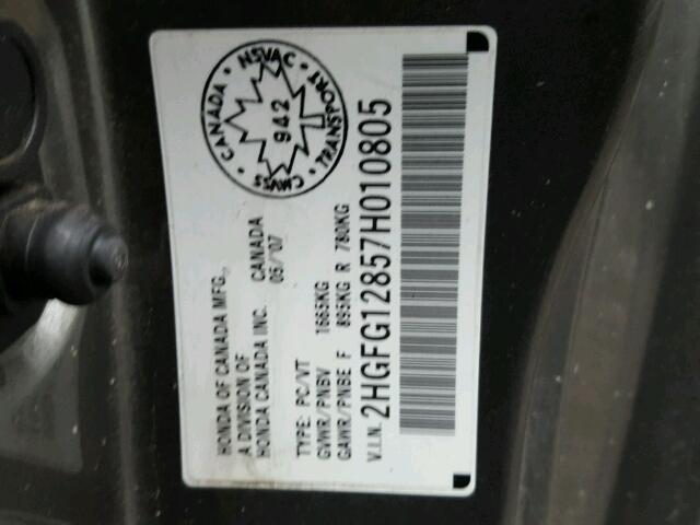 2HGFG12857H010805 - 2007 HONDA CIVIC EX ნაცრისფერი ფოტო 10