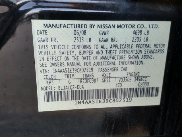 1N4AA51E39C802519 - 2009 NISSAN MAXIMA S BLACK photo 10