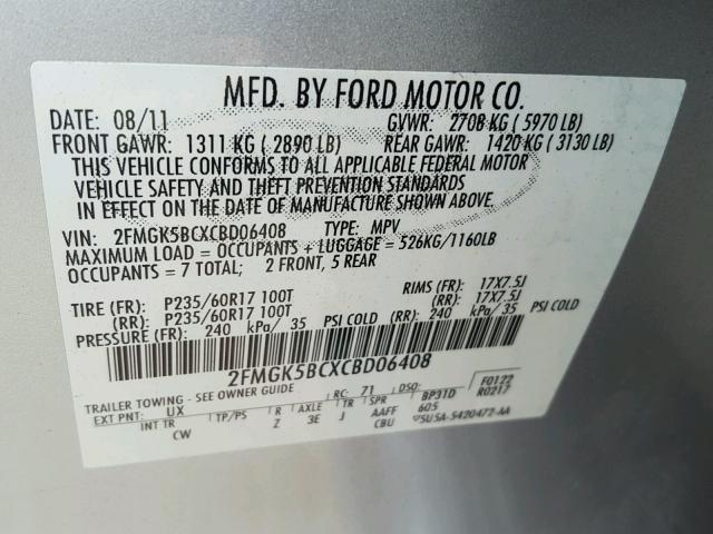 2FMGK5BCXCBD06408 - 2012 FORD FLEX SE SILVER photo 10