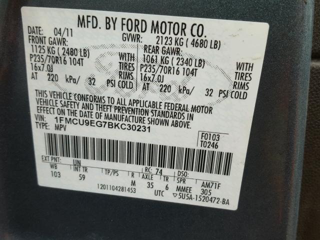 1FMCU9EG7BKC30231 - 2011 FORD ESCAPE LIM BLUE photo 10