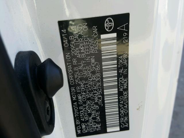 JTKJF5C73E3087867 - 2014 TOYOTA SCION TC 白色 照片 10