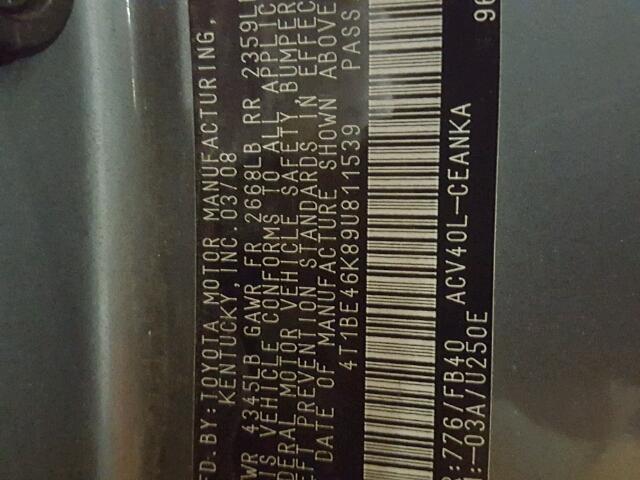 4T1BE46K89U811539 - 2009 TOYOTA CAMRY BASE BLUE photo 10