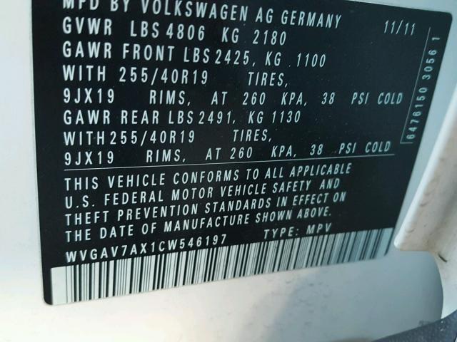 WVGAV7AX1CW546197 - 2012 VOLKSWAGEN TIGUAN S WHITE photo 10