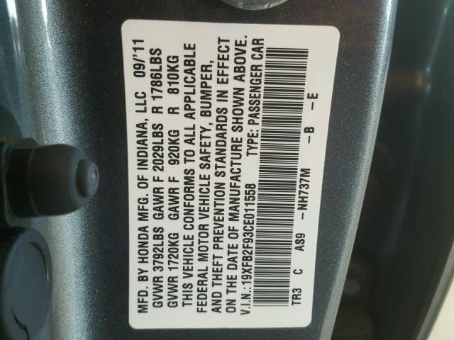 19XFB2F93CE011558 - 2012 HONDA CIVIC EXL 灰色 照片 10